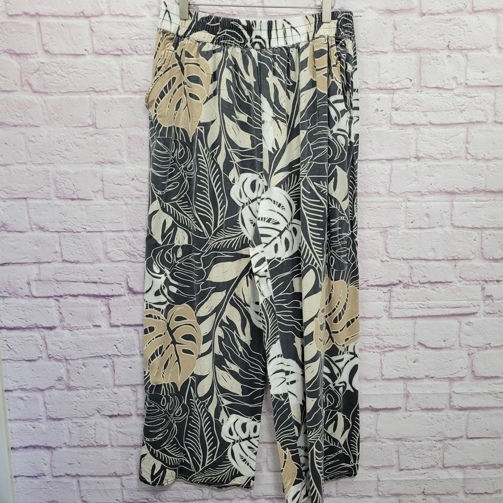 Millenium Tropical Palm Leaf Wide Leg Pants 1X Pull On Boho Beachy Resortwear